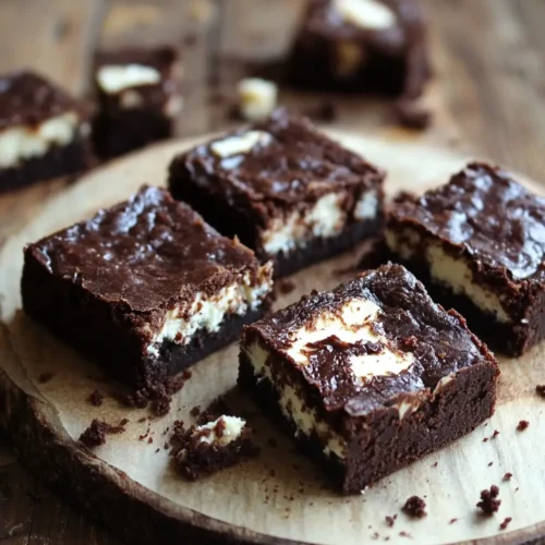 Fudgy chocolate brownies with a creamy cottage cheese swirl, sliced and served on a rustic wooden board.