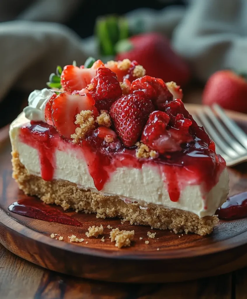 A rich slice of strawberry shortcake cheesecake with a golden graham cracker crust, velvety cheesecake filling, and a fresh strawberry topping, drizzled with strawberry sauce.