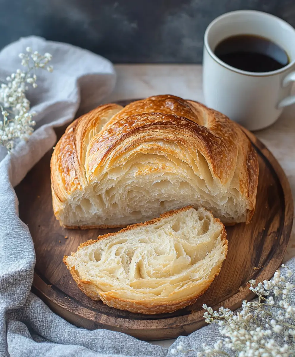 A beautifully layered sourdough croissant bread with a golden, flaky crust and airy interior, served on a wooden board with a cup of coffee.