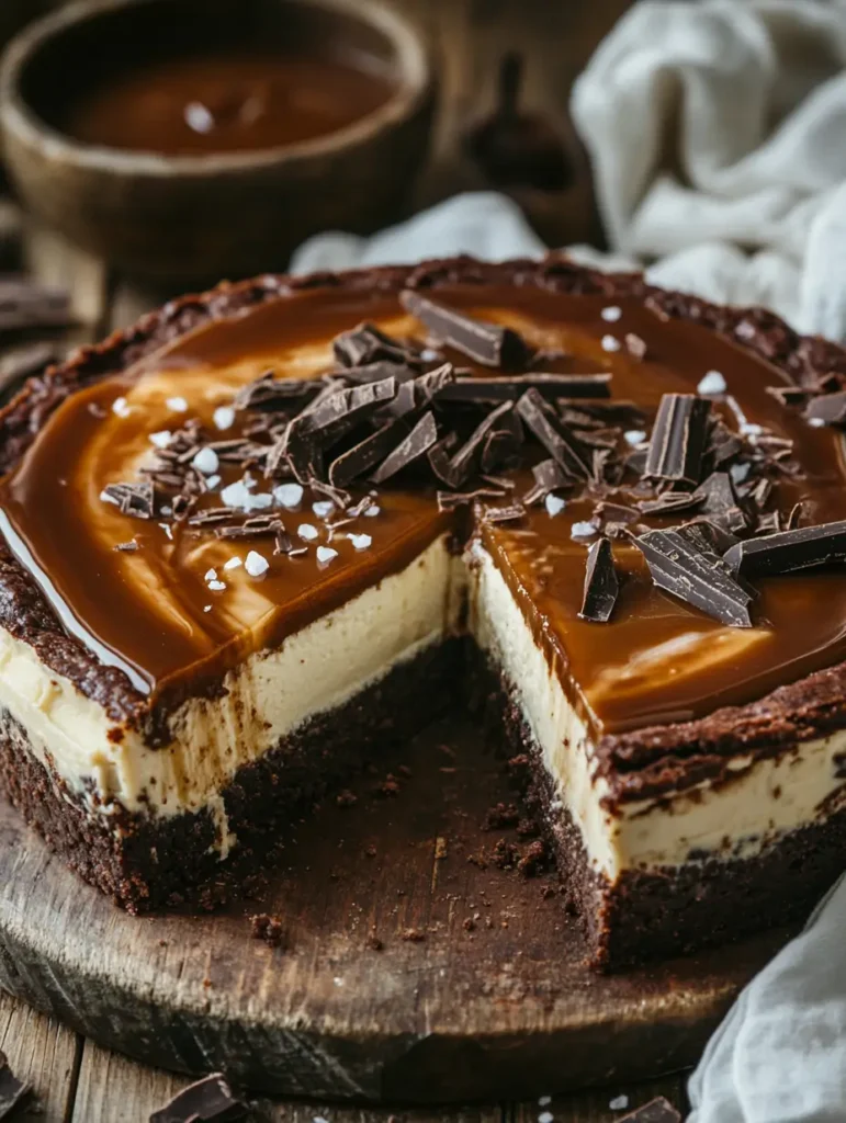 Caramel brownie cheesecake with a rich chocolate brownie crust, creamy cheesecake filling, and salted caramel topping, garnished with chocolate chunks and sea salt flakes.