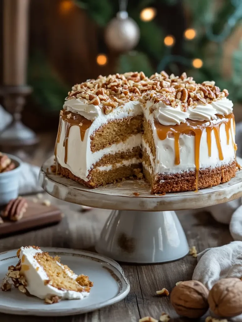Caramel toffee crunch cake with white frosting, caramel drip, and chopped pecans on a cake stand.
