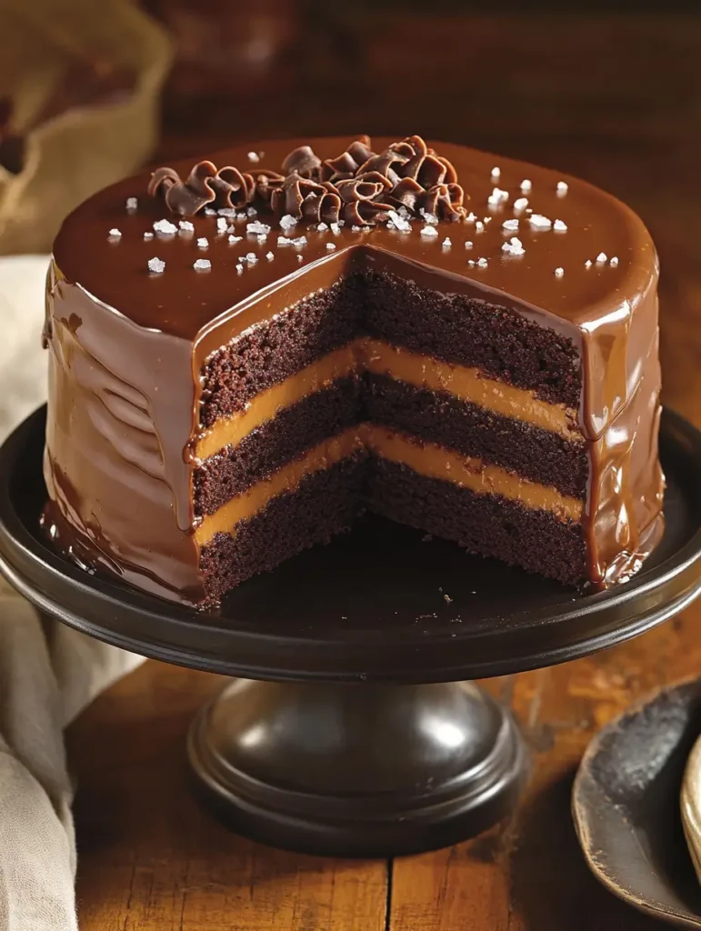 Rich salted caramel chocolate cake with layers of dark chocolate sponge, caramel filling, and glossy ganache, topped with chocolate curls and sea salt.