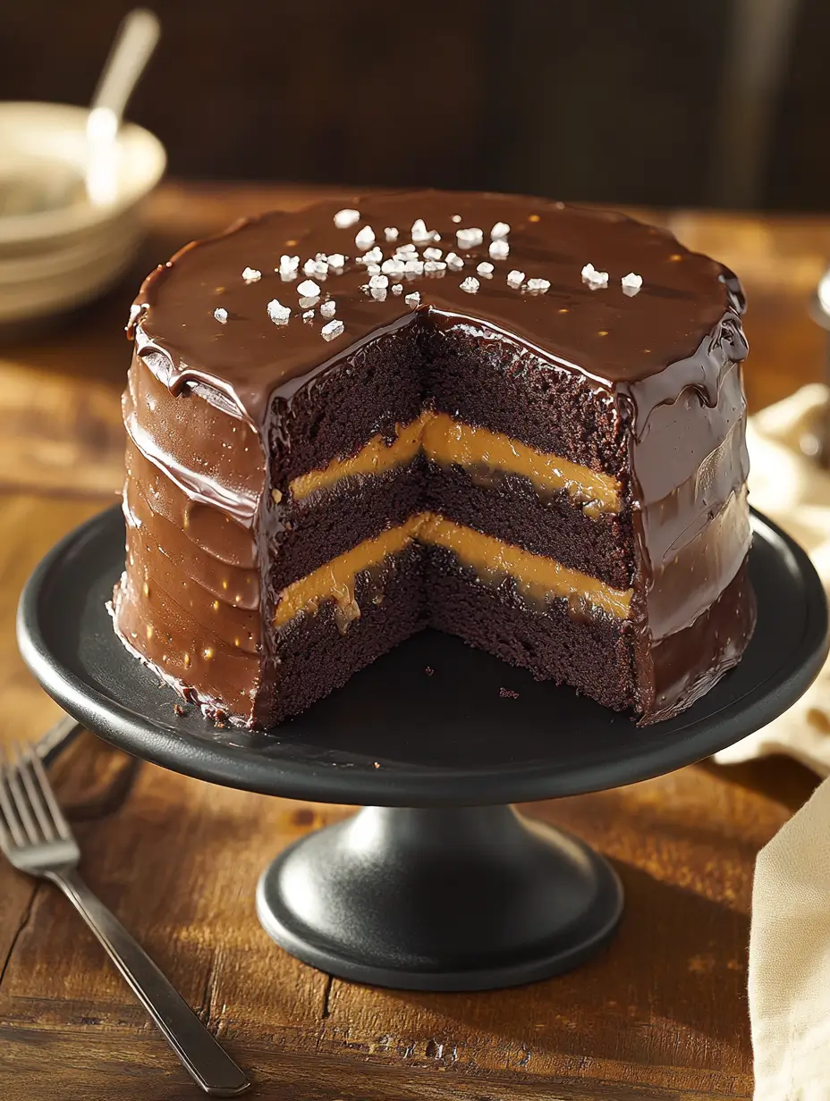 Layered salted caramel chocolate cake with glossy ganache and flaky sea salt on top, served on a black cake stand.