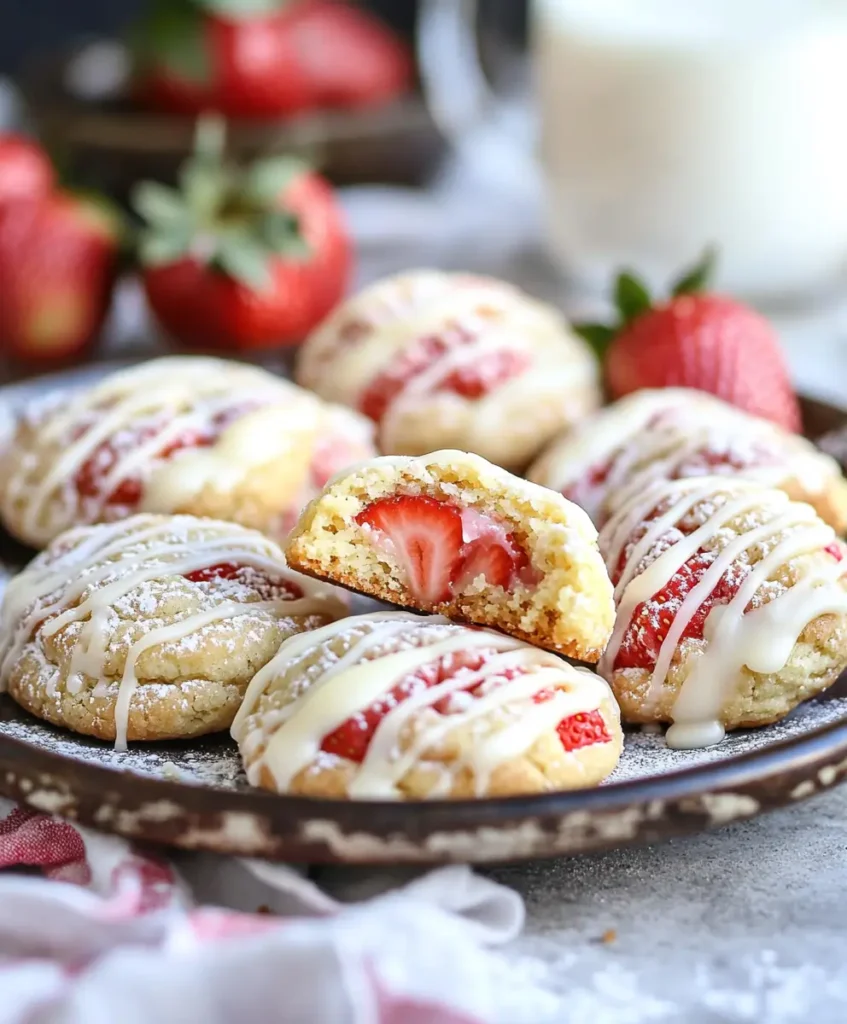 Strawberry shortcake cookies with fresh strawberry centers, drizzled with white icing, displayed on a rustic plate.