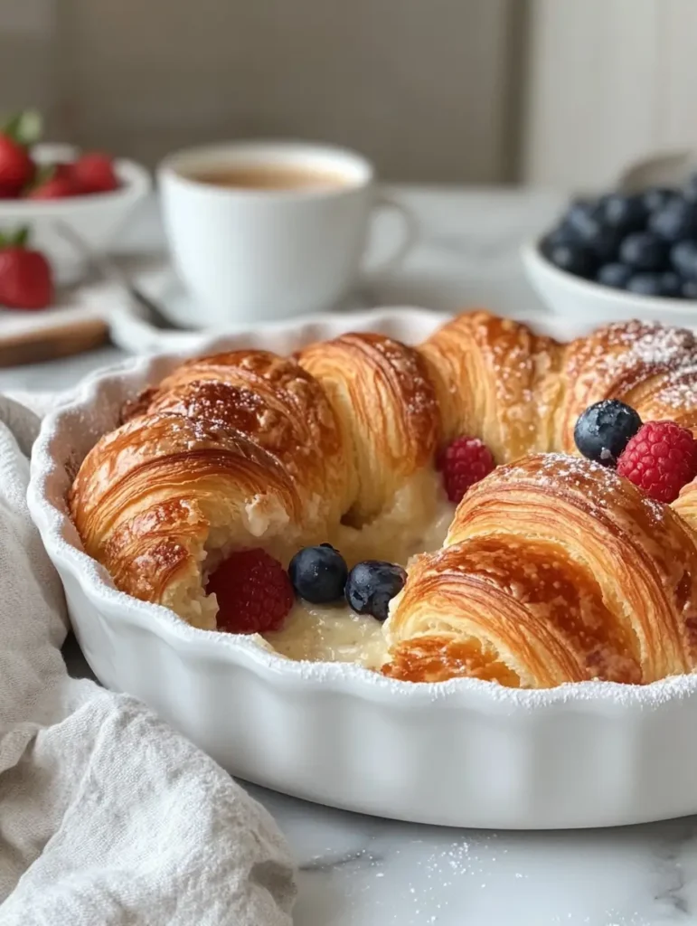 Golden croissant bake with raspberries and blueberries in a white ceramic dish.