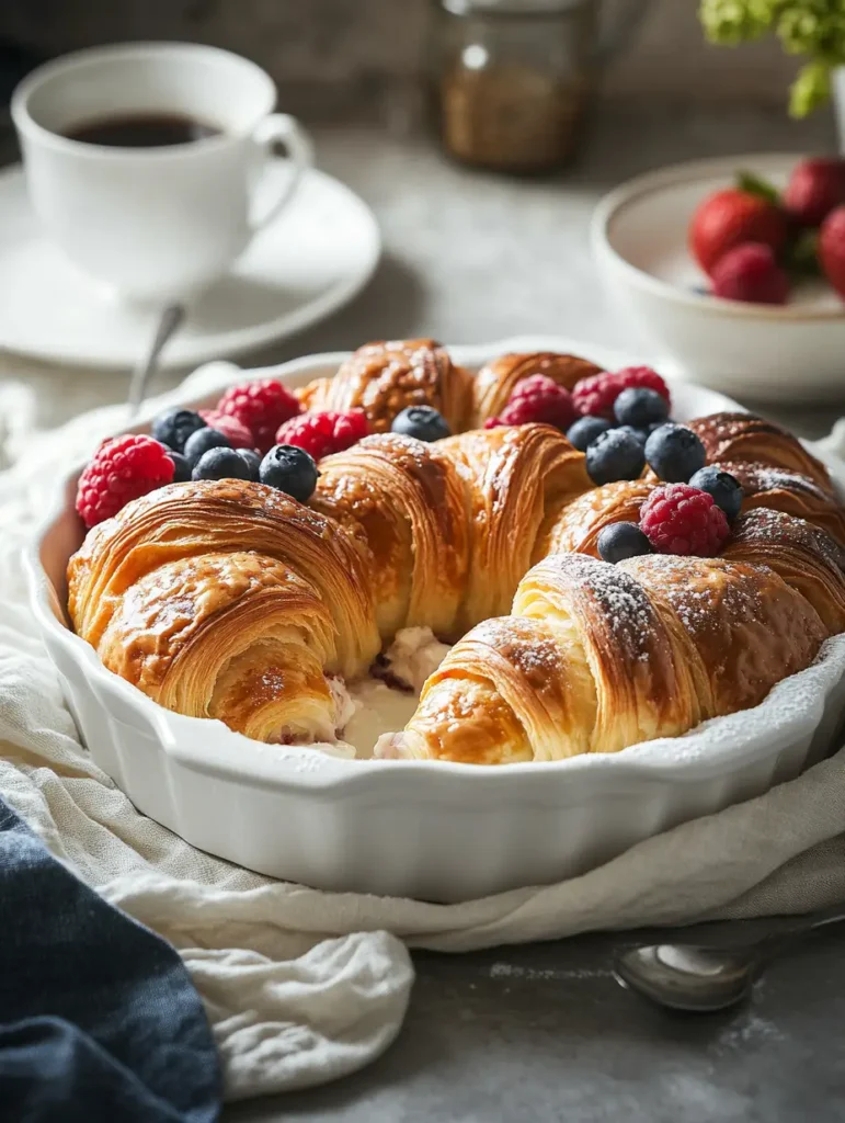 Baked croissants filled with cream and topped with fresh raspberries and blueberries in a white dish.