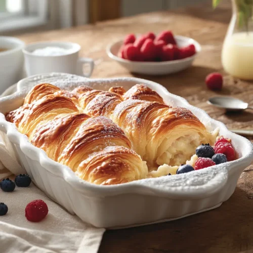 Golden croissants baked in a white rectangular dish with fresh raspberries and blueberries.
