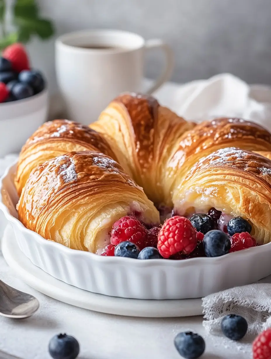 Golden croissants baked with fresh raspberries and blueberries in a white dish, served with coffee.