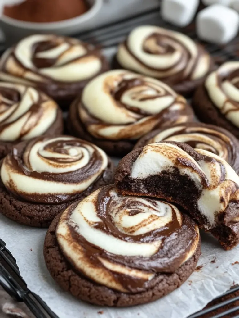 Batch of chocolate marshmallow swirl cookies with one cookie broken in half to show the fudgy center.
