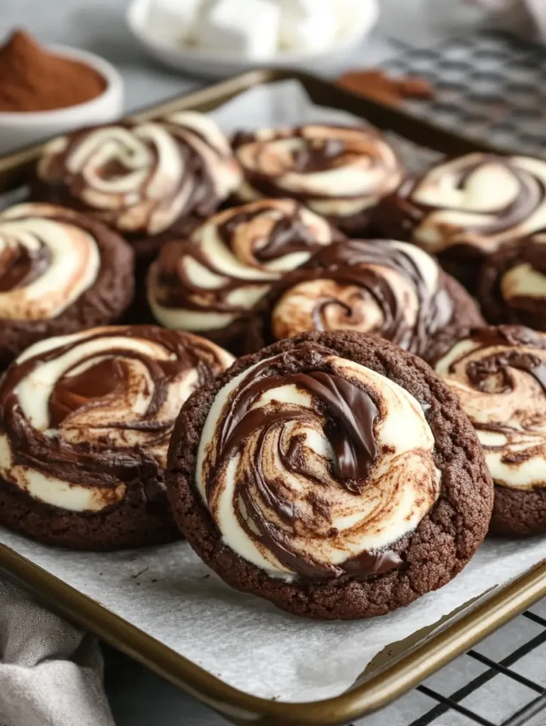 Chocolate marshmallow swirl cookies on a baking tray lined with parchment paper.