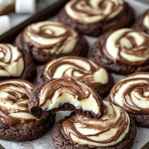 Close-up of chocolate marshmallow swirl cookies with a bite taken out of one.