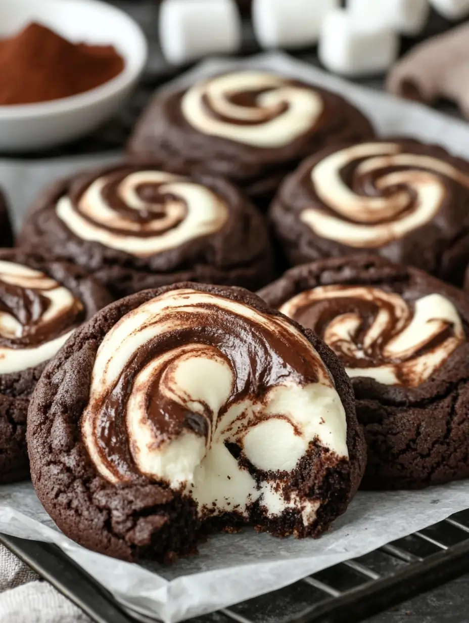 Close-up of chocolate cookies with a marshmallow and chocolate swirl center, one with a bite taken out.