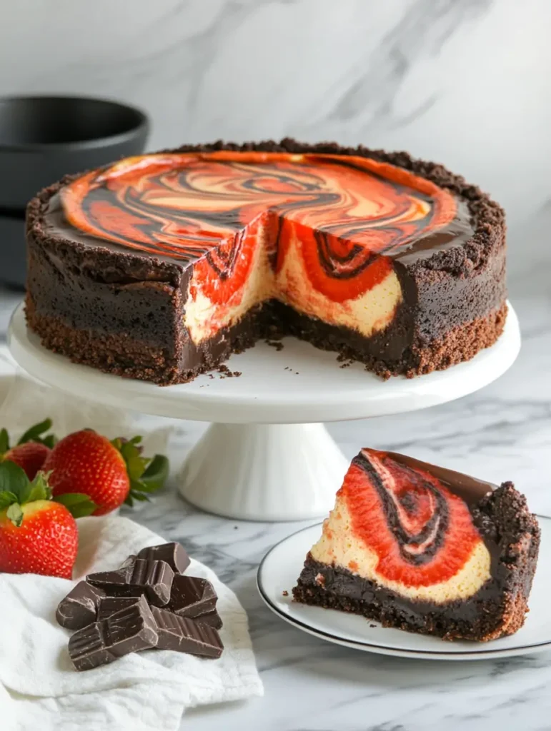 Slice of chocolate strawberry swirl cheesecake with a thick chocolate crust and vibrant strawberry swirls.