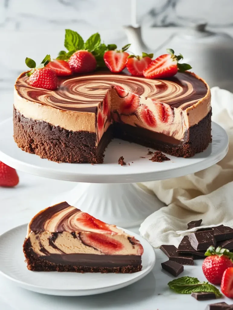 Chocolate strawberry swirl cheesecake with fresh strawberries and a slice served on a plate.