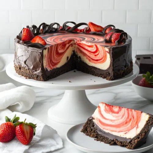 Chocolate strawberry swirl cheesecake with glossy ganache, fresh strawberries, and chocolate curls on a white cake stand.