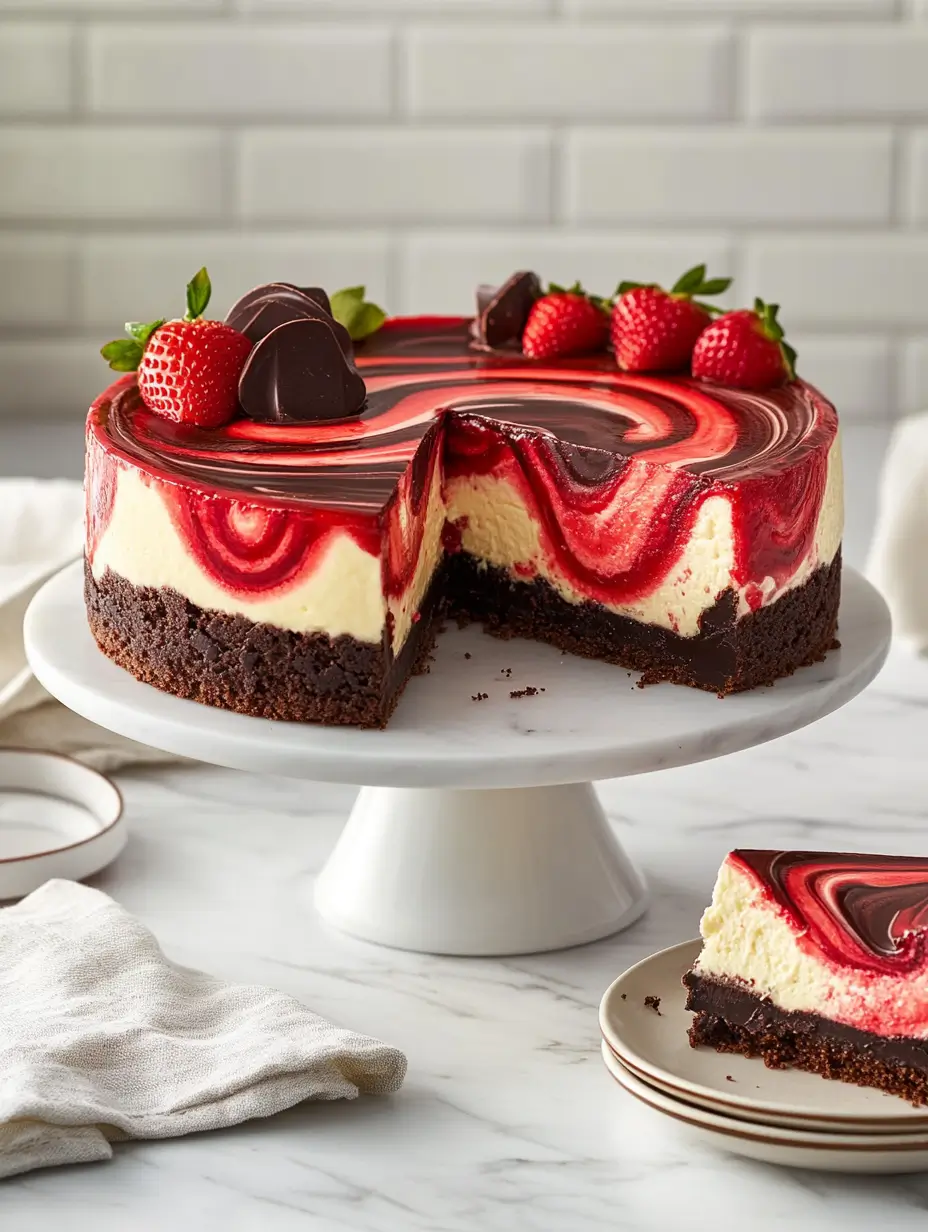 Chocolate strawberry swirl cheesecake with a brownie base, topped with strawberries and chocolate hearts.
