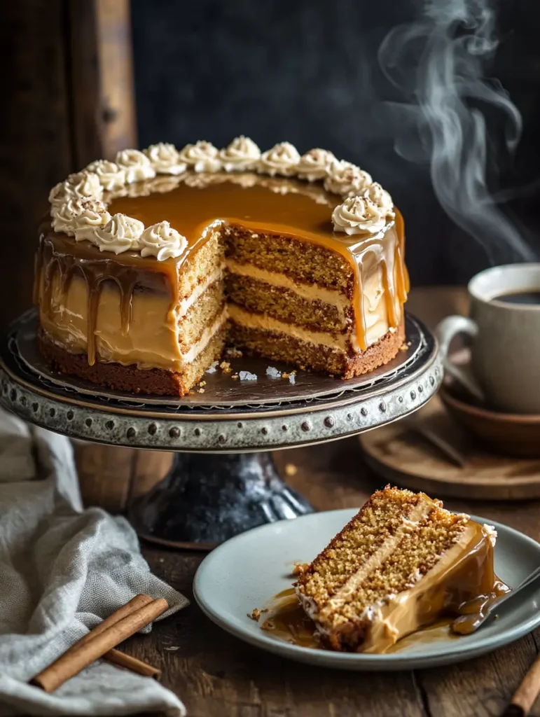 Triple-layer coffee caramel cake with caramel glaze and piped frosting, served with a hot cup of coffee.