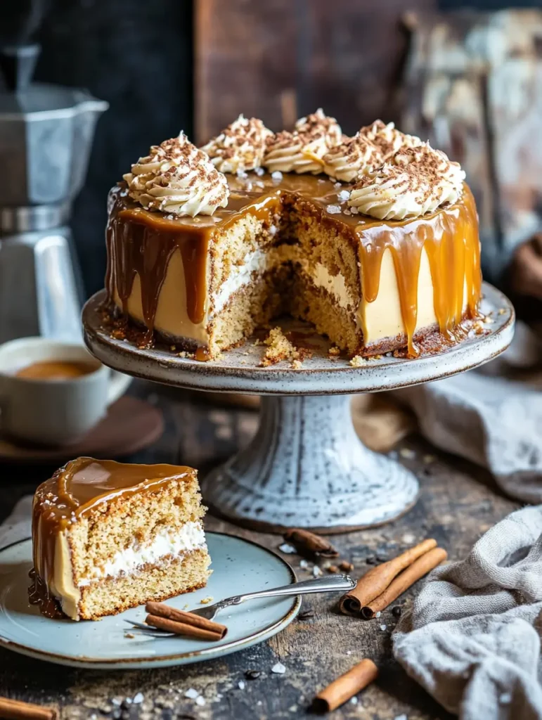 Coffee caramel cake with whipped cream filling, caramel drip topping, and piped frosting, served with cinnamon sticks.