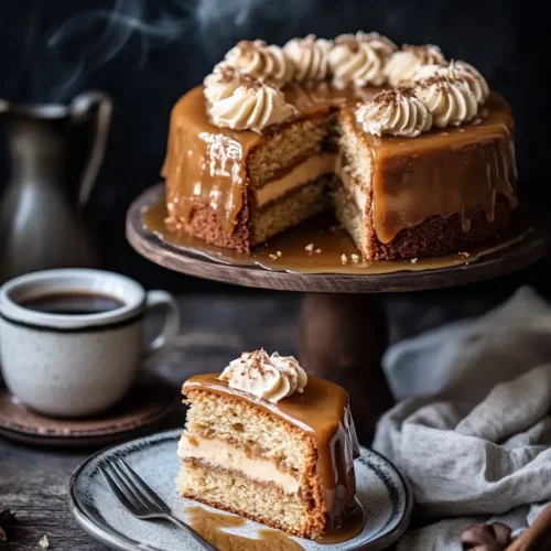 Slice of coffee caramel cake with rich caramel glaze, whipped topping, and coffee on the side.