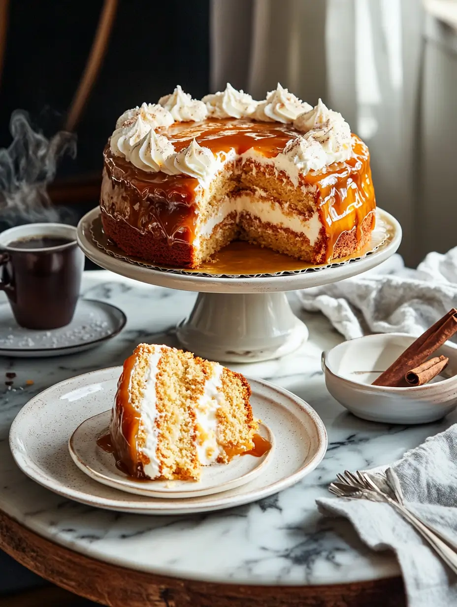 Coffee caramel cake with whipped cream frosting and caramel drizzle, served with a slice on a plate.
