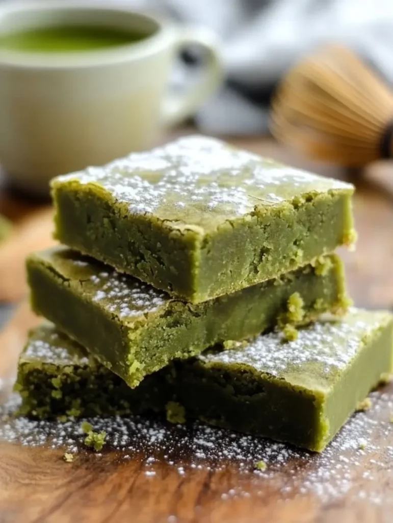 Stacked matcha mochi brownies dusted with powdered sugar on a wooden board.