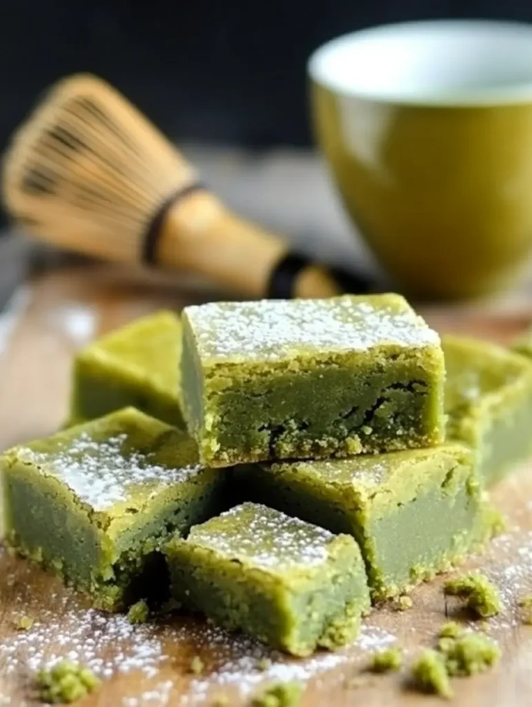 Stack of matcha mochi brownies dusted with powdered sugar, with a bamboo whisk and tea cup in the background.