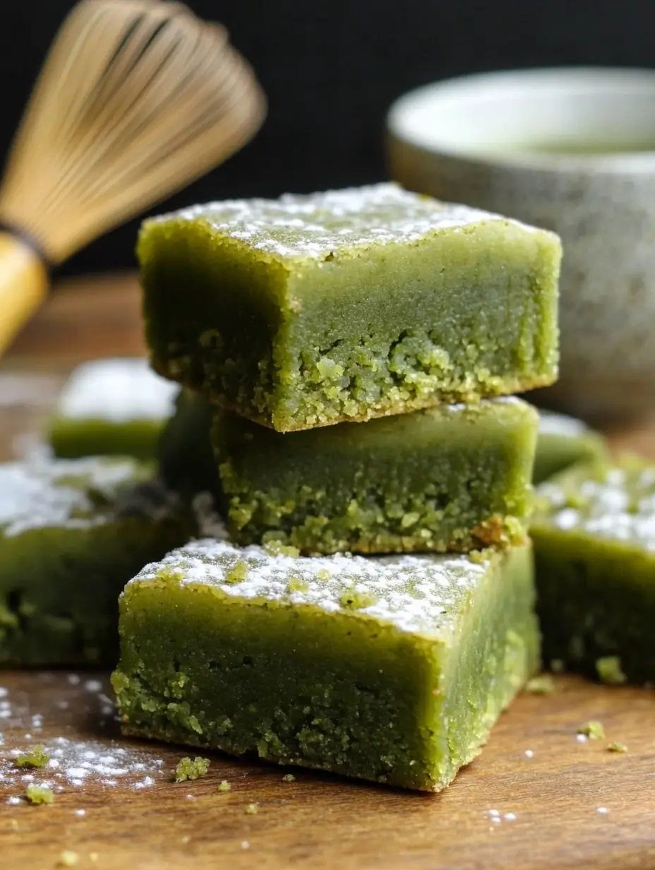 Stack of matcha mochi brownies dusted with powdered sugar on a wooden board.