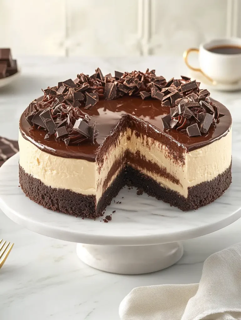Layered triple chocolate cheesecake topped with chocolate ganache and chocolate chunks on a marble cake stand.