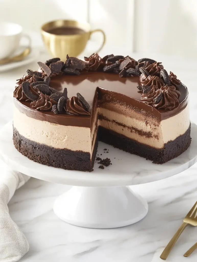 Triple chocolate cheesecake topped with ganache, Oreo pieces, and chocolate swirls on a white marble cake stand.