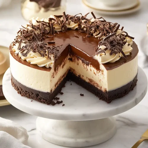 Creamy triple chocolate cheesecake with chocolate ganache topping, whipped cream swirls, and chocolate shavings on a white cake stand.