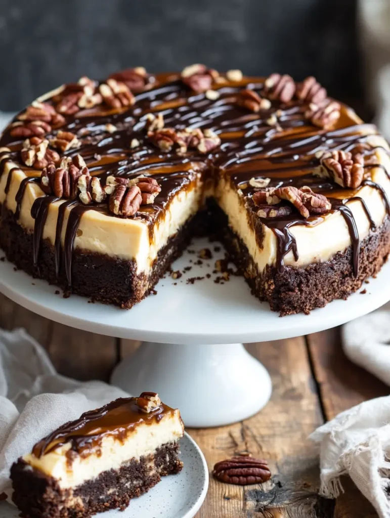 Slice of turtle brownie cheesecake with chocolate drizzle and pecans, served beside the whole cake on a white pedestal stand.