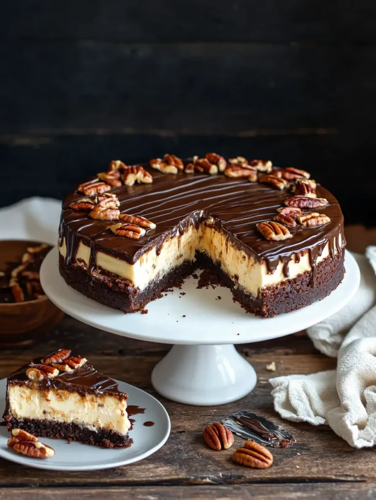 Turtle brownie cheesecake topped with chocolate ganache and pecans, with a slice served on a plate beside it.