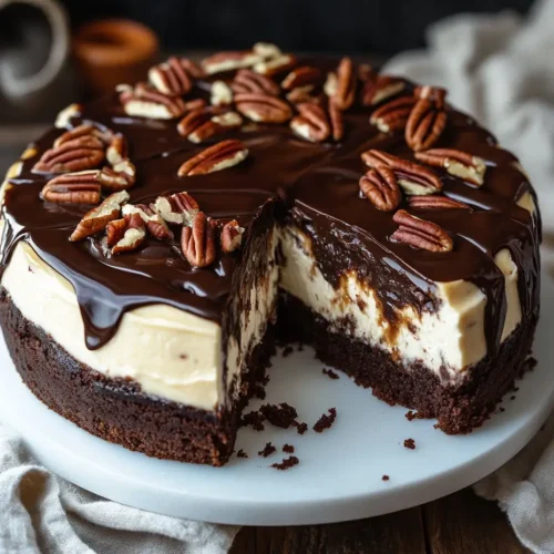 Turtle brownie cheesecake with a brownie crust, cheesecake center, and chocolate ganache topped with pecans.