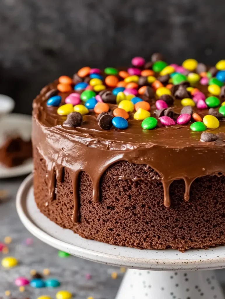 Chocolate cake with ganache drip topped with rainbow chocolate candies on a speckled white cake stand.