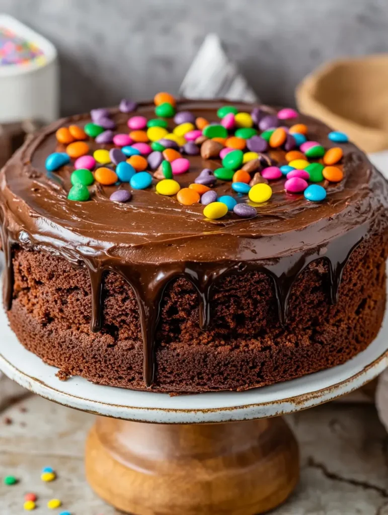 Thick chocolate cake with glossy ganache drip, topped with colorful candy-coated chocolates on a rustic cake stand.