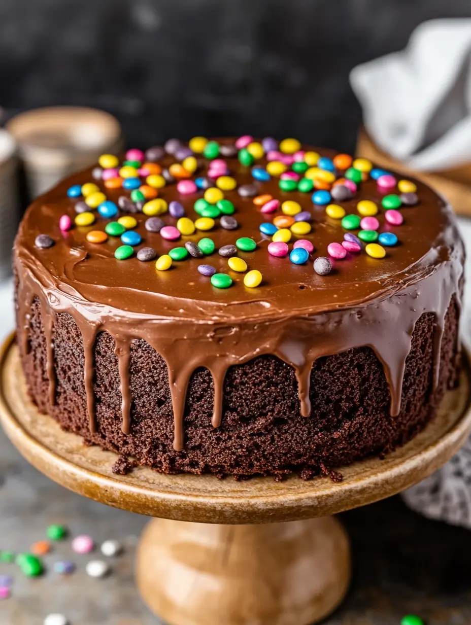 Cosmic brownie-inspired chocolate cake topped with glossy ganache and colorful rainbow candy-coated chips on a wooden cake stand.