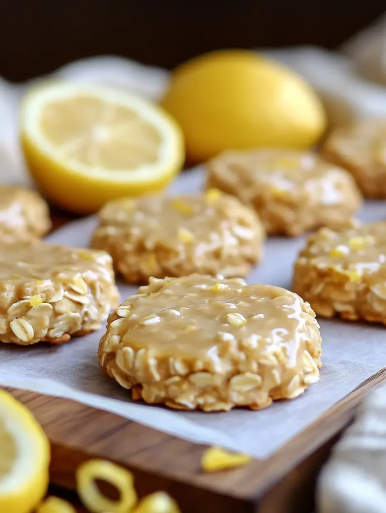 Lemon oatmeal no bake cookies with a glossy glaze on top, set on parchment paper with halved lemons in the background.