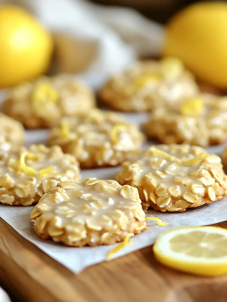 Glazed lemon oatmeal no bake cookies topped with lemon zest, displayed on parchment paper with fresh lemon slices.