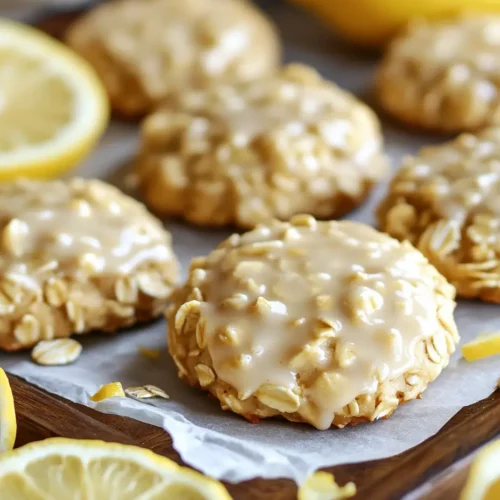 Close-up of a lemon oatmeal no bake cookie with a glossy lemon glaze, surrounded by lemon slices and cookie pieces on parchment paper.