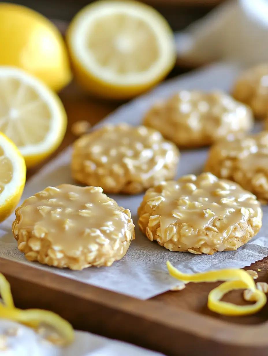 Lemon oatmeal no bake cookies topped with a glossy lemon glaze, arranged on parchment paper with fresh lemon slices in the background.