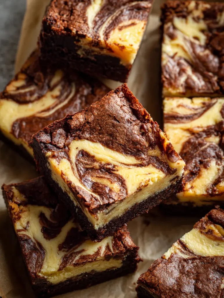 Stacked cheesecake brownies with rich chocolate and creamy swirls on parchment paper.