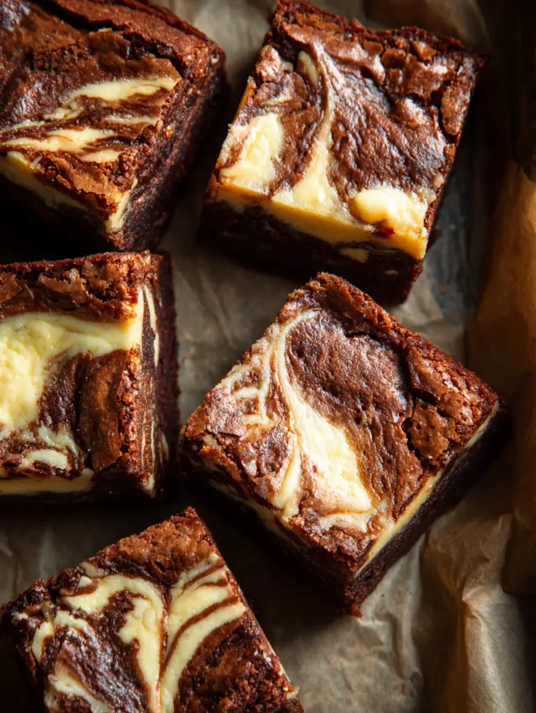 Cheesecake brownies with rich chocolate and creamy swirls arranged on parchment paper.